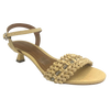 This pretty little sandal is made in a butter coloured "crocheted" raffia which has a comfortable width strap across the toes that features a tiny row of diamontes woven across it. The Y back provides good support and the 5cm kitten heel offers a dressed look while being a comfortable height. Made in Brazil.