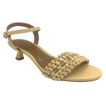 This pretty little sandal is made in a butter coloured "crocheted" raffia which has a comfortable width strap across the toes that features a tiny row of diamontes woven across it. The Y back provides good support and the 5cm kitten heel offers a dressed look while being a comfortable height. Made in Brazil.