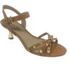 Tan isn't always a colour that looks "dressed" but here we have it in a patent leather trimmed with gold studs and a beautifully shaped 7cm gold heel. The crisscrossed straps across the toes offer good foot coverage and the Y back offers support. Made in Brazil.