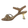 Tan isn't always a colour that looks "dressed" but here we have it in a patent leather trimmed with gold studs and a beautifully shaped 7cm gold heel. The crisscrossed straps across the toes offer good foot coverage and the Y back offers support. Made in Brazil.