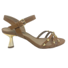 Tan isn't always a colour that looks "dressed" but here we have it in a patent leather trimmed with gold studs and a beautifully shaped 7cm gold heel. The crisscrossed straps across the toes offer good foot coverage and the Y back offers support. Made in Brazil.