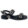 black leather low heel sandal with silver hardware. Sadira by Bresley