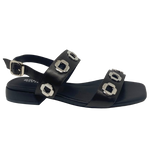 black leather low heel sandal with silver hardware. Sadira by Bresley