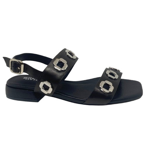 black leather low heel sandal with silver hardware. Sadira by Bresley