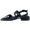 black leather low heel sandal with silver hardware. Sadira by Bresley