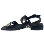 black leather low heel sandal with silver hardware. Sadira by Bresley
