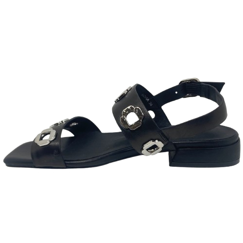 black leather low heel sandal with silver hardware. Sadira by Bresley