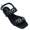 black leather low heel sandal with silver hardware. Sadira by Bresley