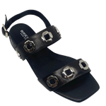 black leather low heel sandal with silver hardware. Sadira by Bresley