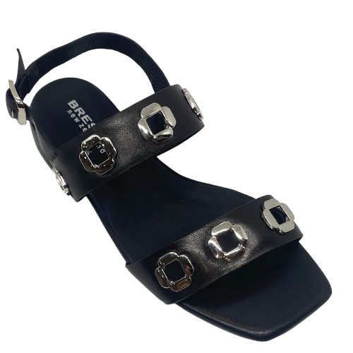 black leather low heel sandal with silver hardware. Sadira by Bresley