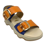 blue and orange adjustable leather sandal with ripple sole. Neo