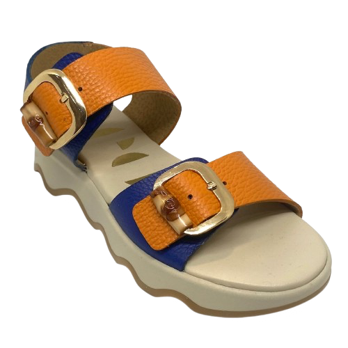 blue and orange adjustable leather sandal with ripple sole. Neo