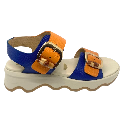 blue and orange adjustable leather sandal with ripple sole. Neo