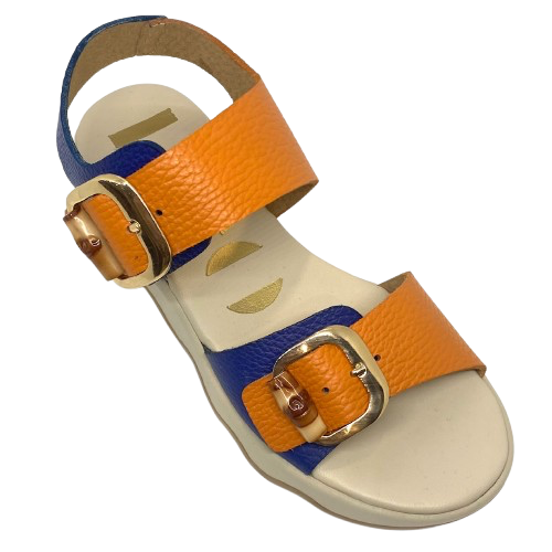 blue and orange adjustable leather sandal with ripple sole. Neo
