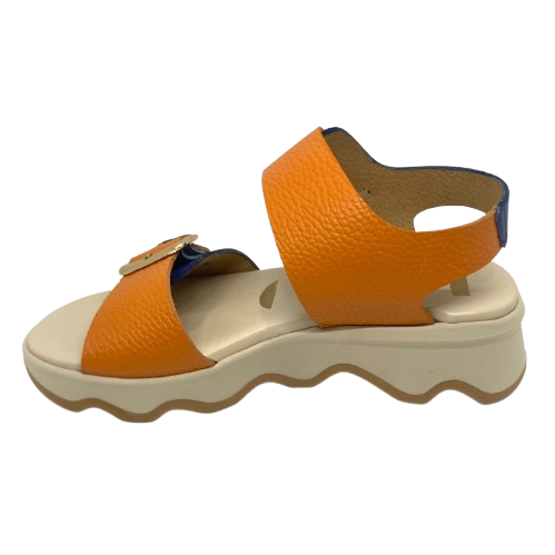 blue and orange adjustable leather sandal with ripple sole. Neo