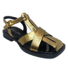 With a nod to the fisherman sandal this quirky little beauty is perfect in bronze leather with a comfortably soft flat sole piped in black patent leather. Designed by Alfie &amp; Evie.