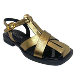 With a nod to the fisherman sandal this quirky little beauty is perfect in bronze leather with a comfortably soft flat sole piped in black patent leather. Designed by Alfie &amp; Evie.