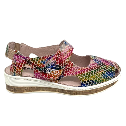 This extremely lightweight little shoe has both foot coverage and ventilation which is perfect in our summer climate. The low flatform gives a little bit of height while remaining flat and it's multi coloured palette is both fun and versatile. Made by&nbsp;
Cassini.