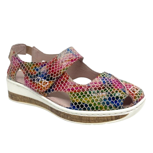 This extremely lightweight little shoe has both foot coverage and ventilation which is perfect in our summer climate. The low flatform gives a little bit of height while remaining flat and it's multi coloured palette is both fun and versatile. Made by&nbsp;
Cassini.