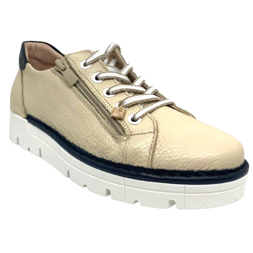 Super comfortable and gorgeous! These sleek leather sneakers are made in Spain, have an easy access zip entry and are versatile combination of colours and pattern. Wear them with your dress, skirt, pants or shorts and you'll look fabulous season after season&nbsp;