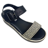 This low flatform wedge in black has a weave of both black and white in the front strap making it a versatile and interesting little sandal. A wide Y back gives plenty of support and is finished with a leather covered buckle. Made by Cassini.
