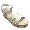 These soft and comfortable leather flatforms have support and style with their Y back, leather covered buckle and neutral striped wedge.