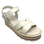 These soft and comfortable leather flatforms have support and style with their Y back, leather covered buckle and neutral striped wedge.
