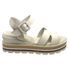 These soft and comfortable leather flatforms have support and style with their Y back, leather covered buckle and neutral striped wedge.