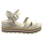 These soft and comfortable leather flatforms have support and style with their Y back, leather covered buckle and neutral striped wedge.