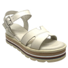 These soft and comfortable leather flatforms have support and style with their Y back, leather covered buckle and neutral striped wedge.