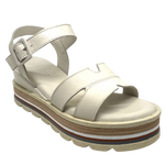These soft and comfortable leather flatforms have support and style with their Y back, leather covered buckle and neutral striped wedge.