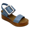 Blue denim leather and a striking leather covered buckle in silver make this little wedge stand out from the crowd. The base of the wedge has a dark tan stacked leather effect. Brand is Rilassare.