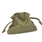 Made is Spain by Unisa in the softest of leathers, this little drawstring bag measures 27cm x 24cm and has a long leather shoulder strap as well has a shorter gold chain strap.