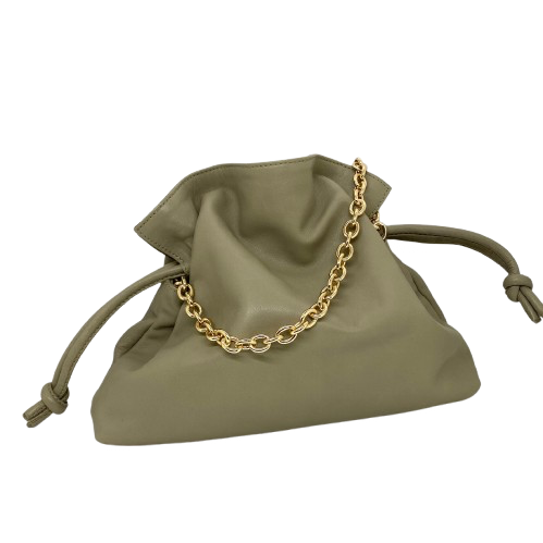 Made is Spain by Unisa in the softest of leathers, this little drawstring bag measures 27cm x 24cm and has a long leather shoulder strap as well has a shorter gold chain strap.