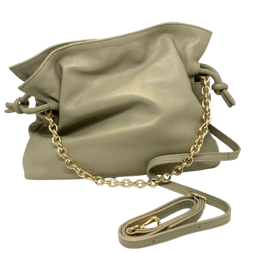 Made is Spain by Unisa in the softest of leathers, this little drawstring bag measures 27cm x 24cm and has a long leather shoulder strap as well has a shorter gold chain strap.