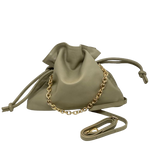 Made is Spain by Unisa in the softest of leathers, this little drawstring bag measures 27cm x 24cm and has a long leather shoulder strap as well has a shorter gold chain strap.