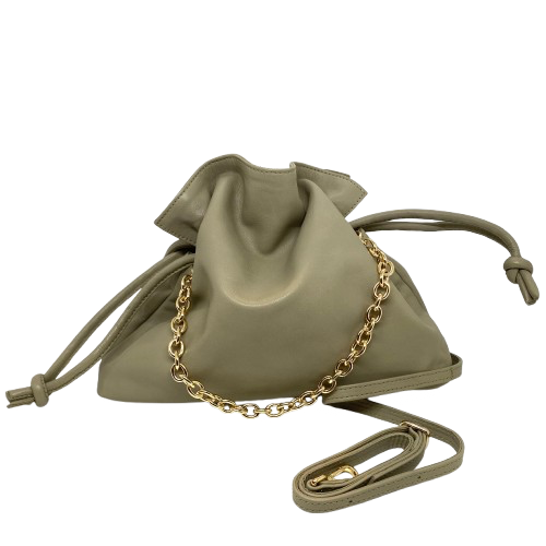 Made is Spain by Unisa in the softest of leathers, this little drawstring bag measures 27cm x 24cm and has a long leather shoulder strap as well has a shorter gold chain strap.