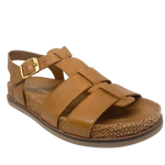 omfortable little fisherman's sandal in dark tan it has a moulded sole in leather trimmed on the outer with knitted/fabric finish. Brand is Top End.