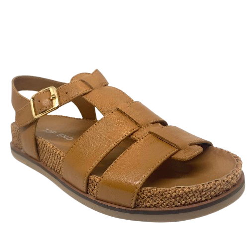 omfortable little fisherman's sandal in dark tan it has a moulded sole in leather trimmed on the outer with knitted/fabric finish. Brand is Top End.