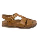 omfortable little fisherman's sandal in dark tan it has a moulded sole in leather trimmed on the outer with knitted/fabric finish. Brand is Top End.