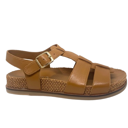 omfortable little fisherman's sandal in dark tan it has a moulded sole in leather trimmed on the outer with knitted/fabric finish. Brand is Top End.