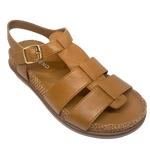 omfortable little fisherman's sandal in dark tan it has a moulded sole in leather trimmed on the outer with knitted/fabric finish. Brand is Top End.