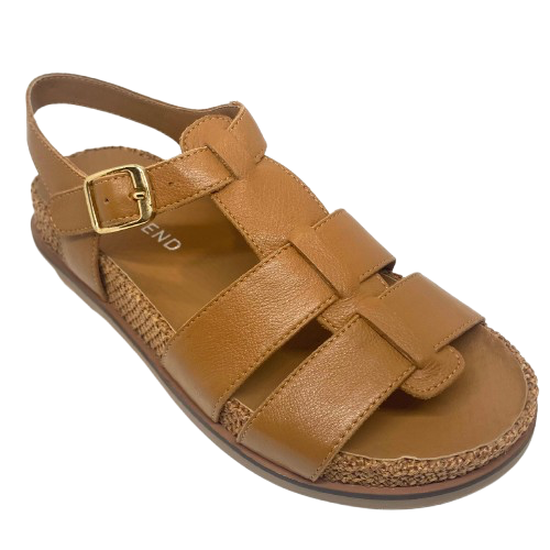 omfortable little fisherman's sandal in dark tan it has a moulded sole in leather trimmed on the outer with knitted/fabric finish. Brand is Top End.