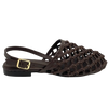 This quirky little flattie could be described as a "mule with a back strap". It has an asymmetrical shaped toe which is covered by knotted, open weave, chocolate coloured leather. Brand is Mollini.