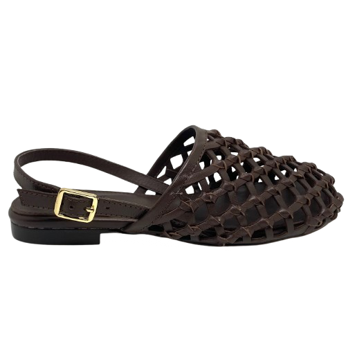 This quirky little flattie could be described as a "mule with a back strap". It has an asymmetrical shaped toe which is covered by knotted, open weave, chocolate coloured leather. Brand is Mollini.