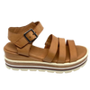 Flatforms are a great way to gain height without having to have heels. These tan sandal flatforms have and interesting combination of neutral coloured layers in the sole giving a striped effect. The upper straps are soft and offer good coverage and a buckled strap across the instep.