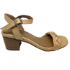 A mid height (6cm) block heeled sandal in camel with a Y back and strap across the toes of soft leather in a chunky plait.