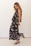 Made from soft 100% cotton in black with a beige leaf pattern this wide leg pants have a comfy elastic shirred waist. There is a matching sleeveless top available. Brand is Seesaw.