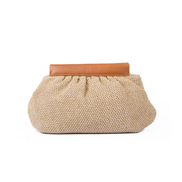 Made in Spain, this clutch of "knitted" textile with leather has zip entry and comes with a gold chain strap. It's pouchy shape means there's plenty of room for all your needs.