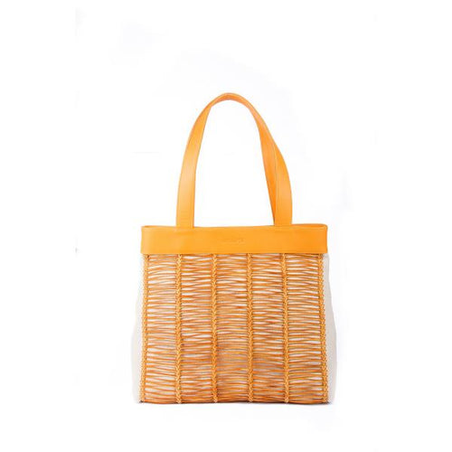 Made in Spain, this gorgeous tote has strips of woven leather over a canvas body. Dimensions are Height 32cm  Width 39cm Depth 14cm